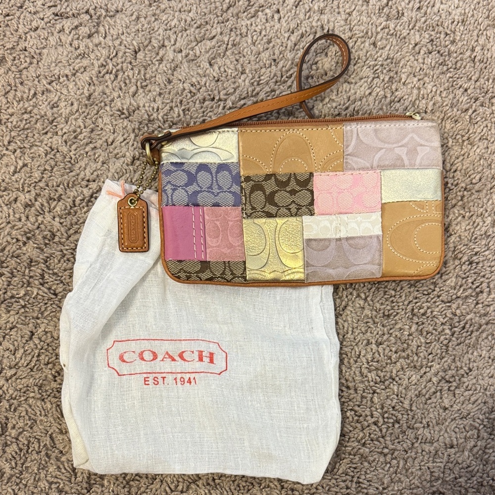 Coach Patchwork Wristlet - Pink, Brown, Gold, Cream